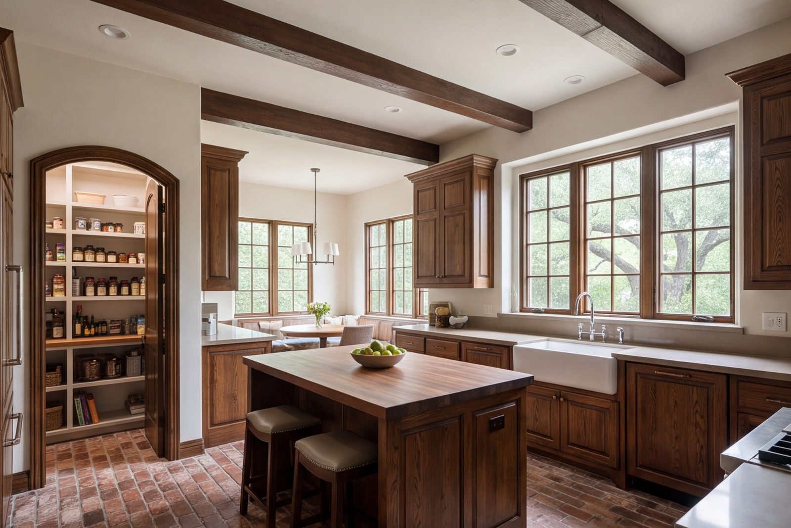 Bluffview Tudor kitchen with a walk-in pantry, prep island and windows over the sink