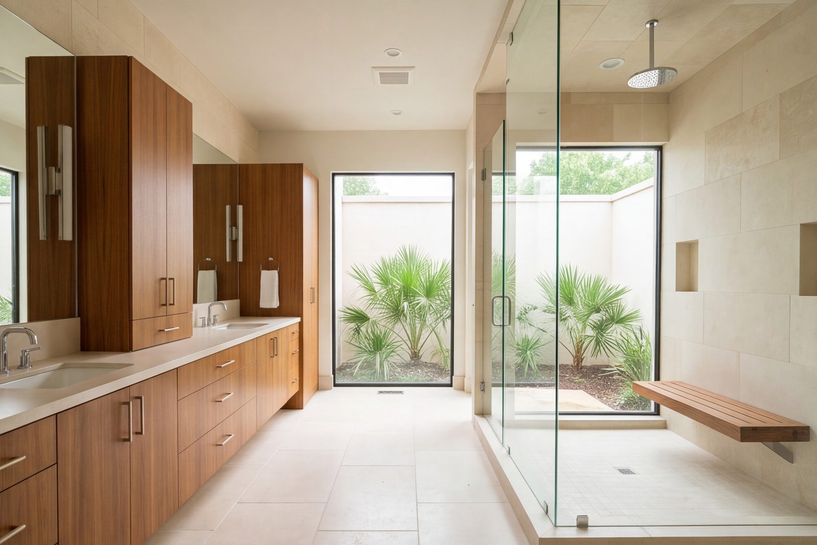 Preston Hollow primary bathroom with a glass shower, double vanity and warm wood