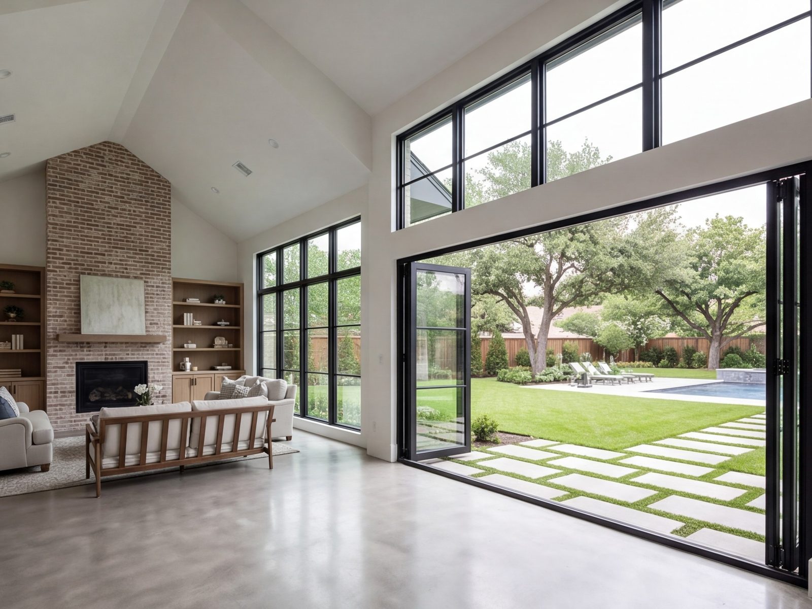New family room addition with tall windows opening to a Dallas back yard