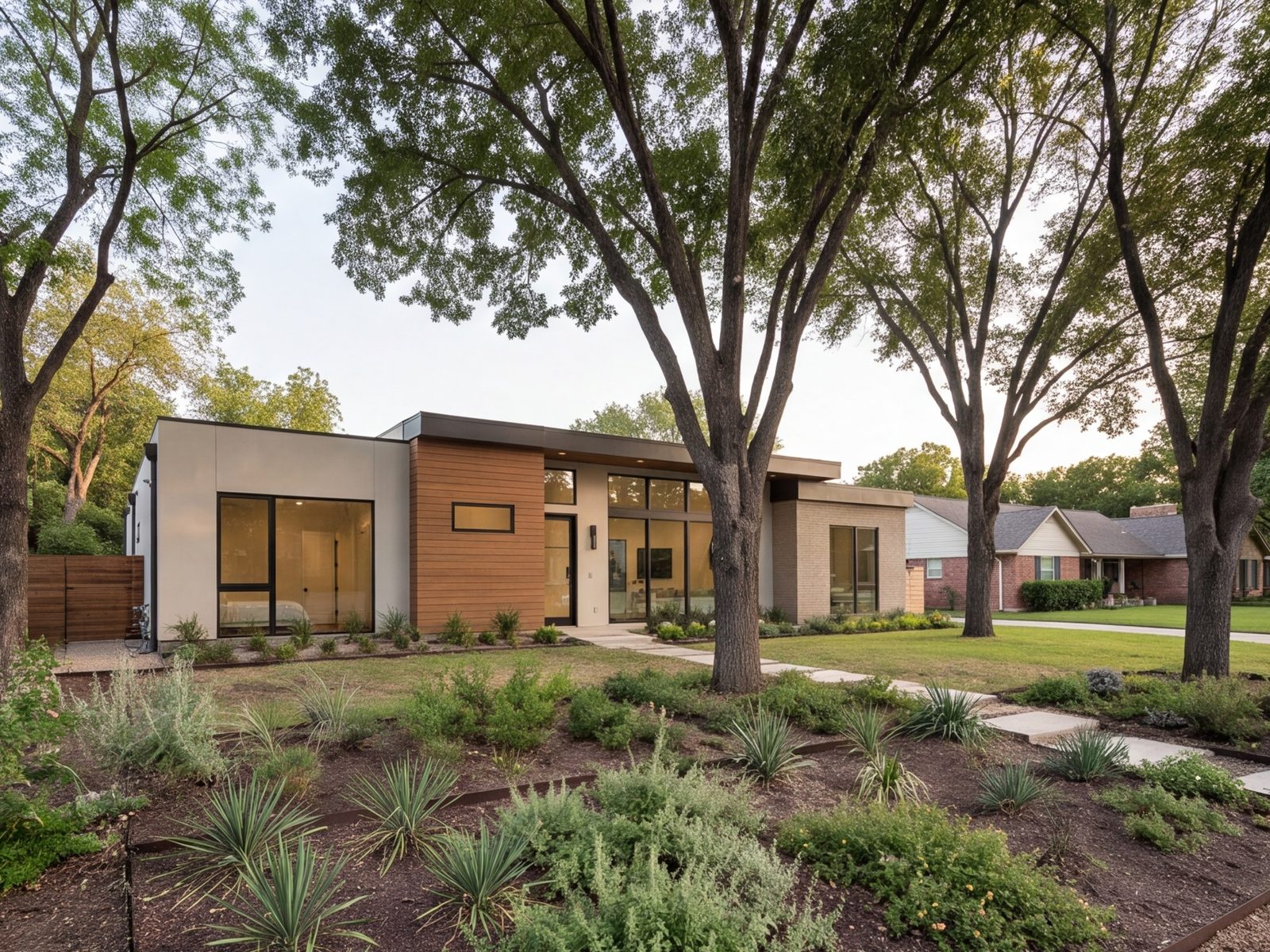 New single-storey custom home on a Dallas lot in late afternoon light