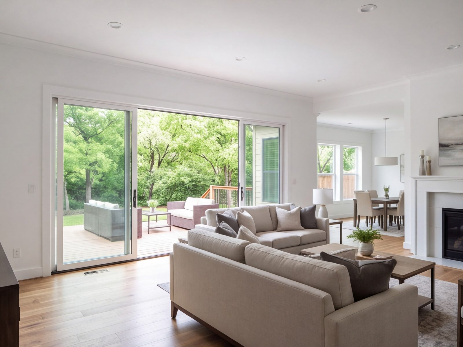 Living room with new wide sliding doors open to the yard